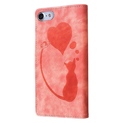 iPhone SE 2022 Heart & Cat Embossed Multi-Functional Pen Leather Wallet Phone Case with Stand and Card Slots