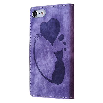 iPhone SE 2022 Heart & Cat Embossed Multi-Functional Pen Leather Wallet Phone Case with Stand and Card Slots