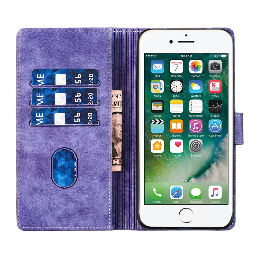 iPhone 8 Heart & Cat Embossed Multi-Functional Pen Leather Wallet Phone Case with Stand and Card Slots