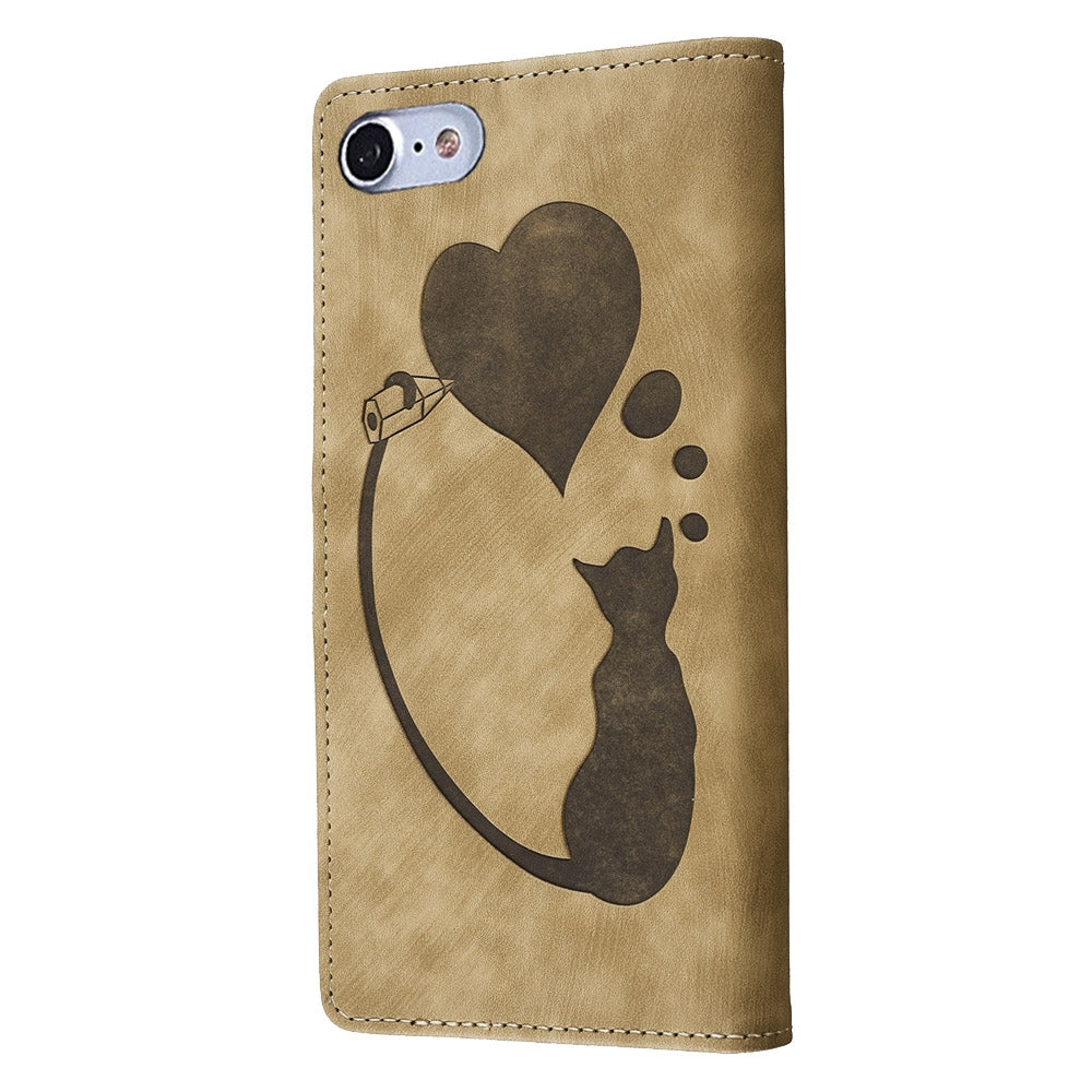 iPhone 8 Heart & Cat Embossed Multi-Functional Pen Leather Wallet Phone Case with Stand and Card Slots