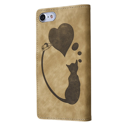 iPhone 8 Heart & Cat Embossed Multi-Functional Pen Leather Wallet Phone Case with Stand and Card Slots