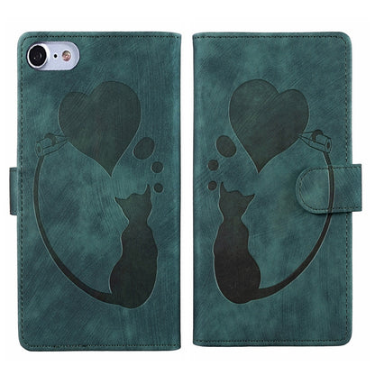 iPhone 8 Heart & Cat Embossed Multi-Functional Pen Leather Wallet Phone Case with Stand and Card Slots