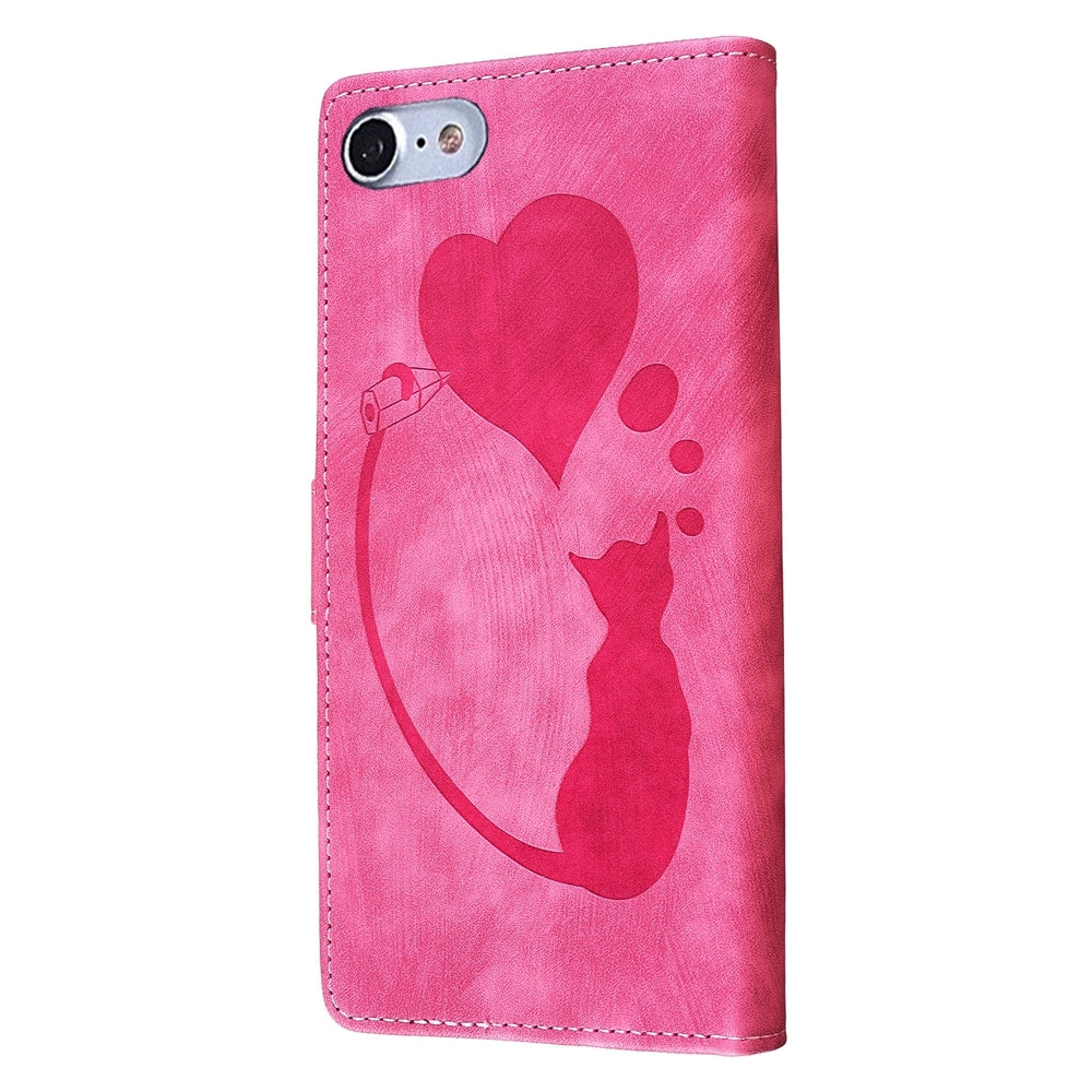 iPhone 8 Heart & Cat Embossed Multi-Functional Pen Leather Wallet Phone Case with Stand and Card Slots