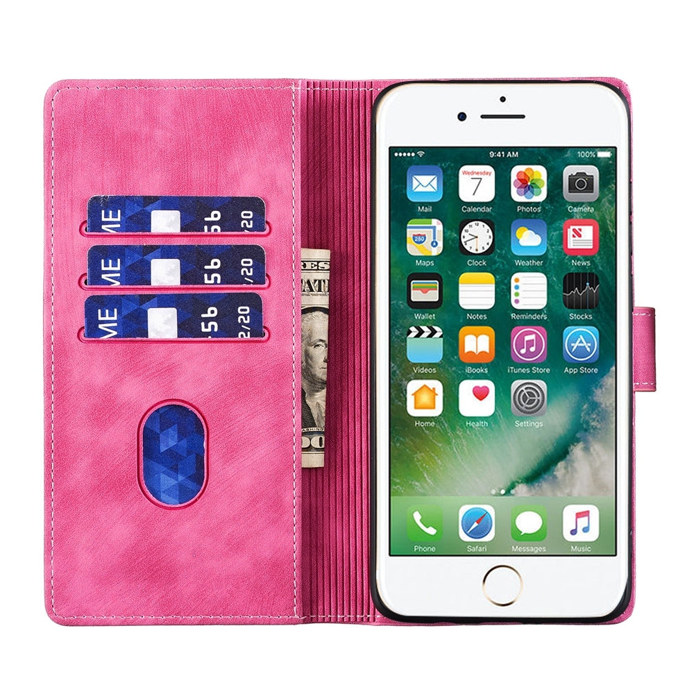iPhone SE 2022 Heart & Cat Embossed Multi-Functional Pen Leather Wallet Phone Case with Stand and Card Slots