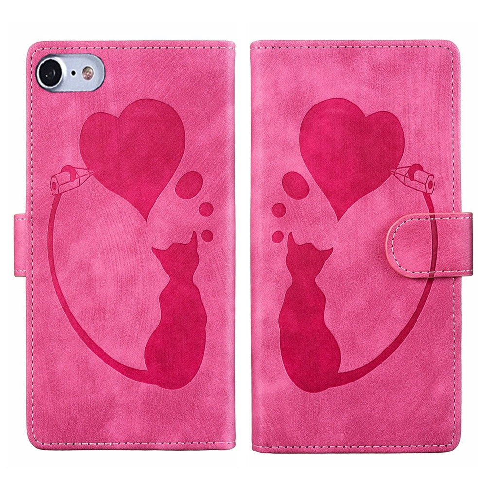 iPhone 8 Heart & Cat Embossed Multi-Functional Pen Leather Wallet Phone Case with Stand and Card Slots