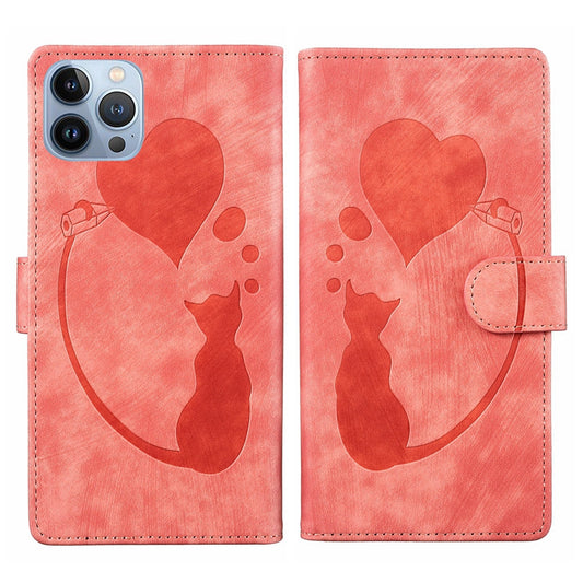 iPhone 13 Pro Max Heart & Cat Embossed Multi-Functional Pen Leather Wallet Phone Case with Stand and Card Slots