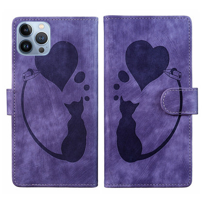 iPhone 13 Pro Max Heart & Cat Embossed Multi-Functional Pen Leather Wallet Phone Case with Stand and Card Slots