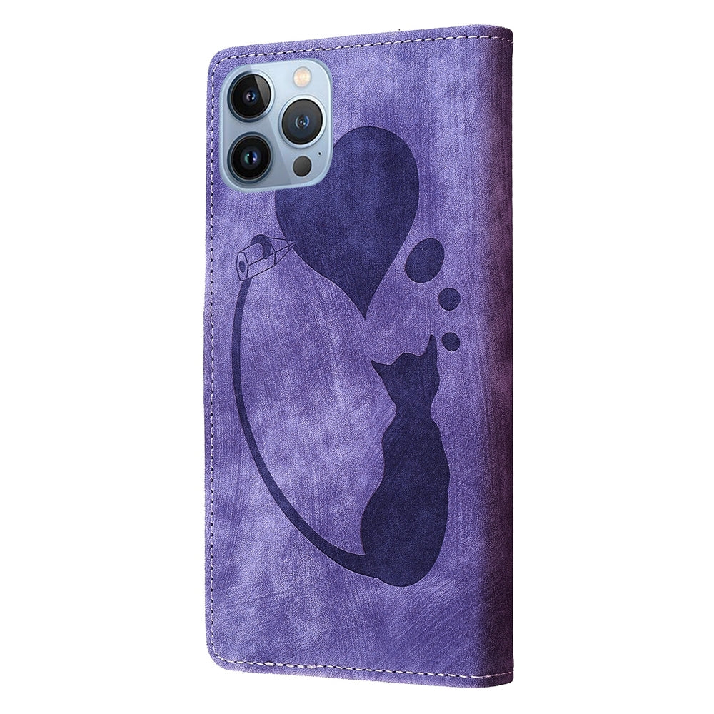 iPhone 13 Pro Max Heart & Cat Embossed Multi-Functional Pen Leather Wallet Phone Case with Stand and Card Slots