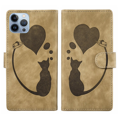 iPhone 13 Pro Max Heart & Cat Embossed Multi-Functional Pen Leather Wallet Phone Case with Stand and Card Slots