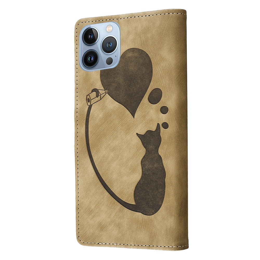 iPhone 13 Pro Max Heart & Cat Embossed Multi-Functional Pen Leather Wallet Phone Case with Stand and Card Slots