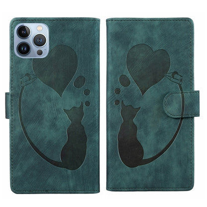 iPhone 13 Pro Max Heart & Cat Embossed Multi-Functional Pen Leather Wallet Phone Case with Stand and Card Slots