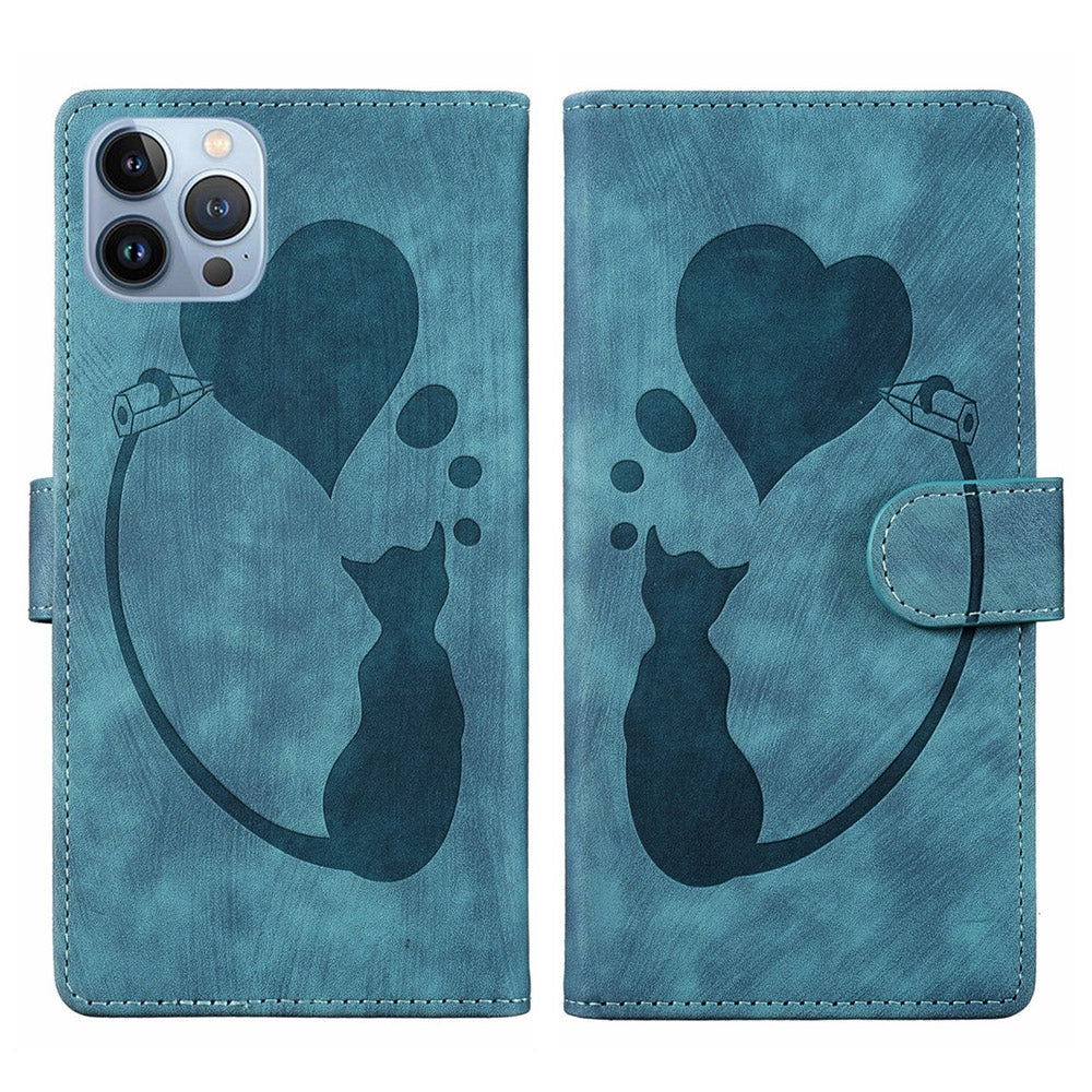 iPhone 13 Pro Max Heart & Cat Embossed Multi-Functional Pen Leather Wallet Phone Case with Stand and Card Slots