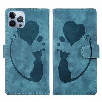 iPhone 13 Pro Max Heart & Cat Embossed Multi-Functional Pen Leather Wallet Phone Case with Stand and Card Slots