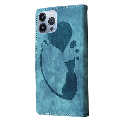 iPhone 13 Pro Max Heart & Cat Embossed Multi-Functional Pen Leather Wallet Phone Case with Stand and Card Slots