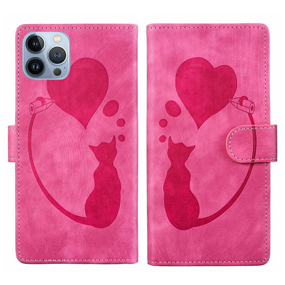 iPhone 13 Pro Max Heart & Cat Embossed Multi-Functional Pen Leather Wallet Phone Case with Stand and Card Slots