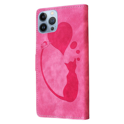 iPhone 13 Pro Max Heart & Cat Embossed Multi-Functional Pen Leather Wallet Phone Case with Stand and Card Slots