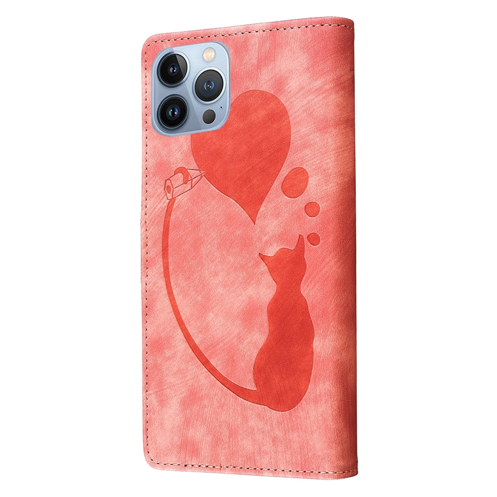 iPhone 13 Pro Heart & Cat Embossed Multi-Functional Pen Leather Wallet Phone Case with Stand and Card Slots