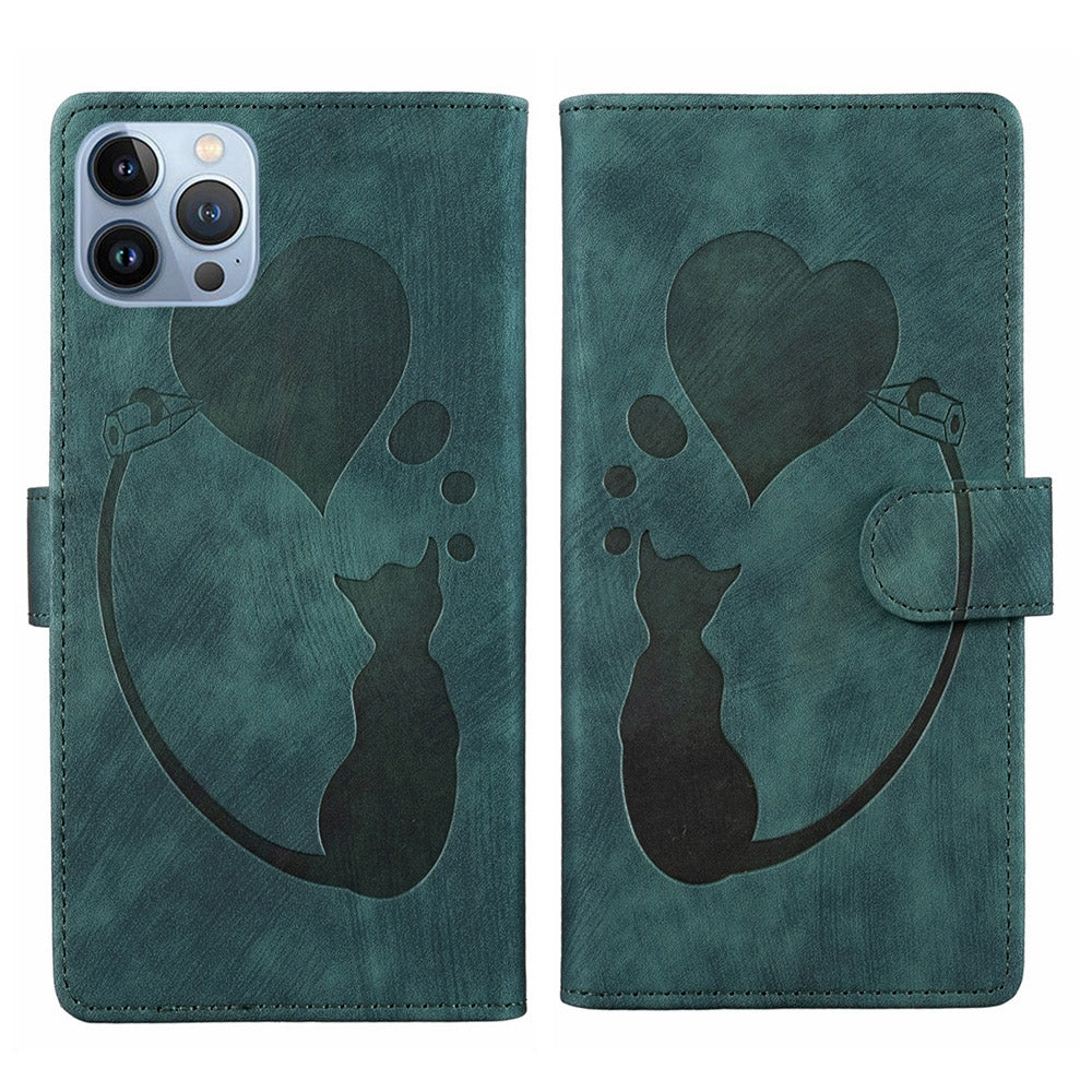 iPhone 13 Pro Heart & Cat Embossed Multi-Functional Pen Leather Wallet Phone Case with Stand and Card Slots