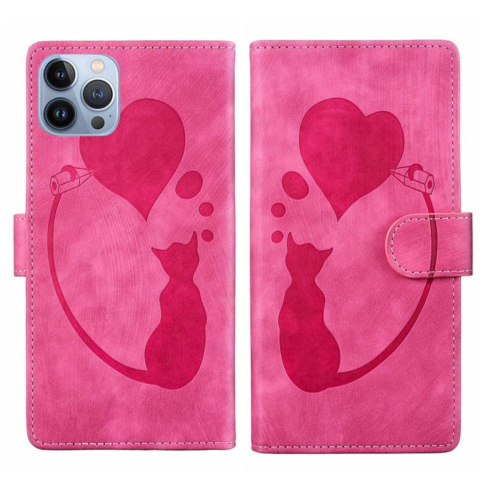 iPhone 13 Pro Heart & Cat Embossed Multi-Functional Pen Leather Wallet Phone Case with Stand and Card Slots