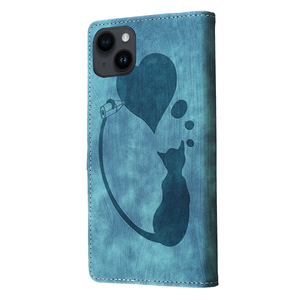 iPhone 13 Heart & Cat Embossed Multi-Functional Pen Leather Wallet Phone Case with Stand and Card Slots