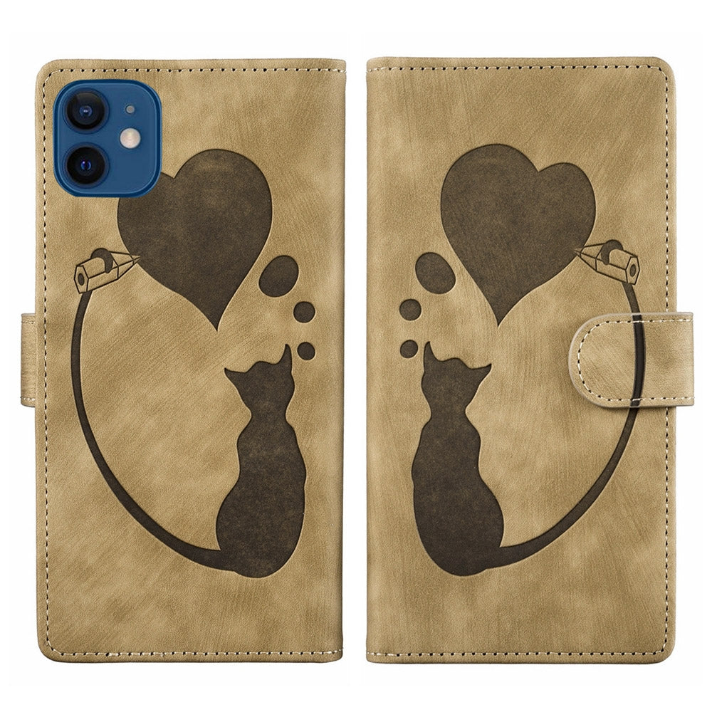 iPhone 12 Heart & Cat Embossed Multi-Functional Pen Leather Wallet Phone Case with Stand and Card Slots