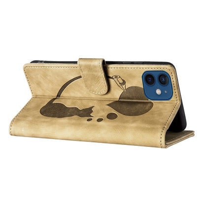 iPhone 12 Heart & Cat Embossed Multi-Functional Pen Leather Wallet Phone Case with Stand and Card Slots