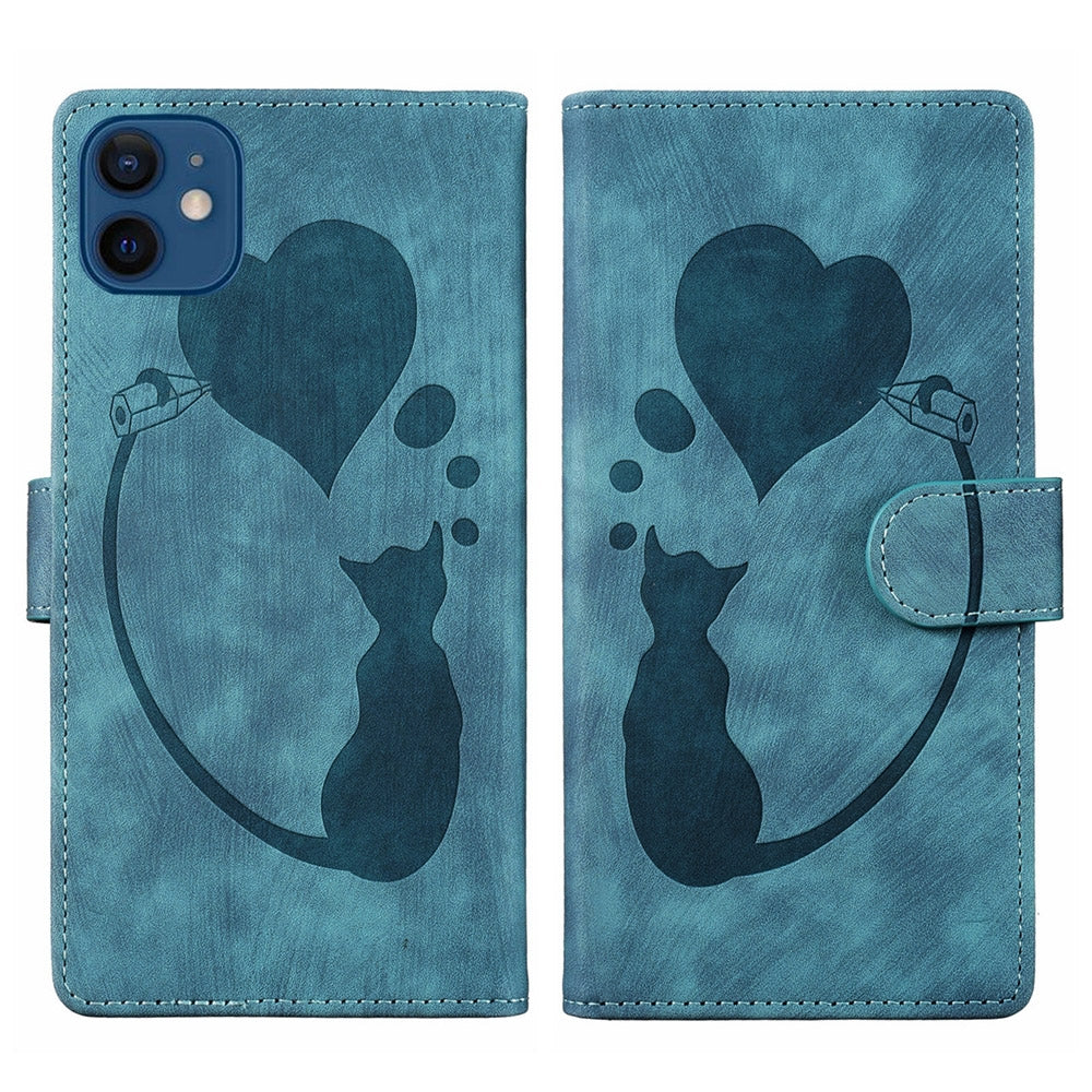 iPhone 12 Heart & Cat Embossed Multi-Functional Pen Leather Wallet Phone Case with Stand and Card Slots