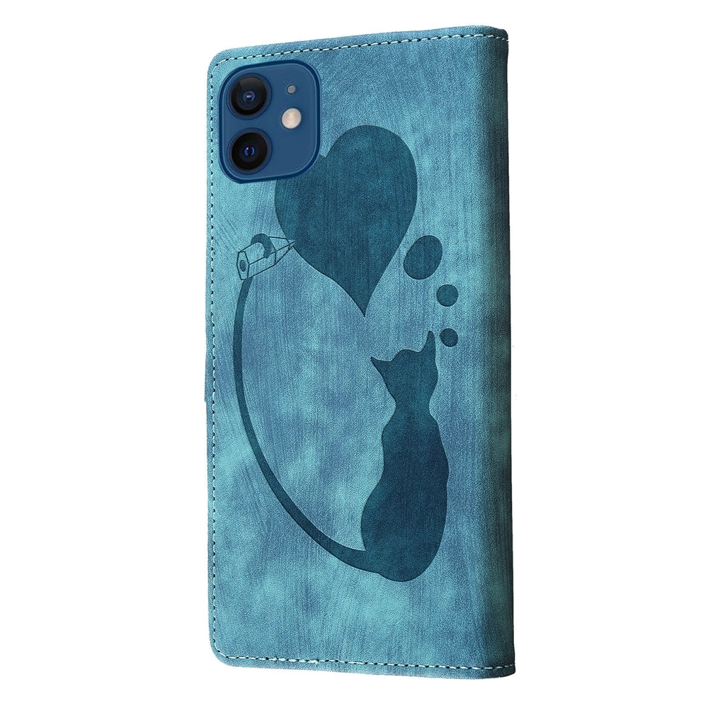 iPhone 12 Heart & Cat Embossed Multi-Functional Pen Leather Wallet Phone Case with Stand and Card Slots