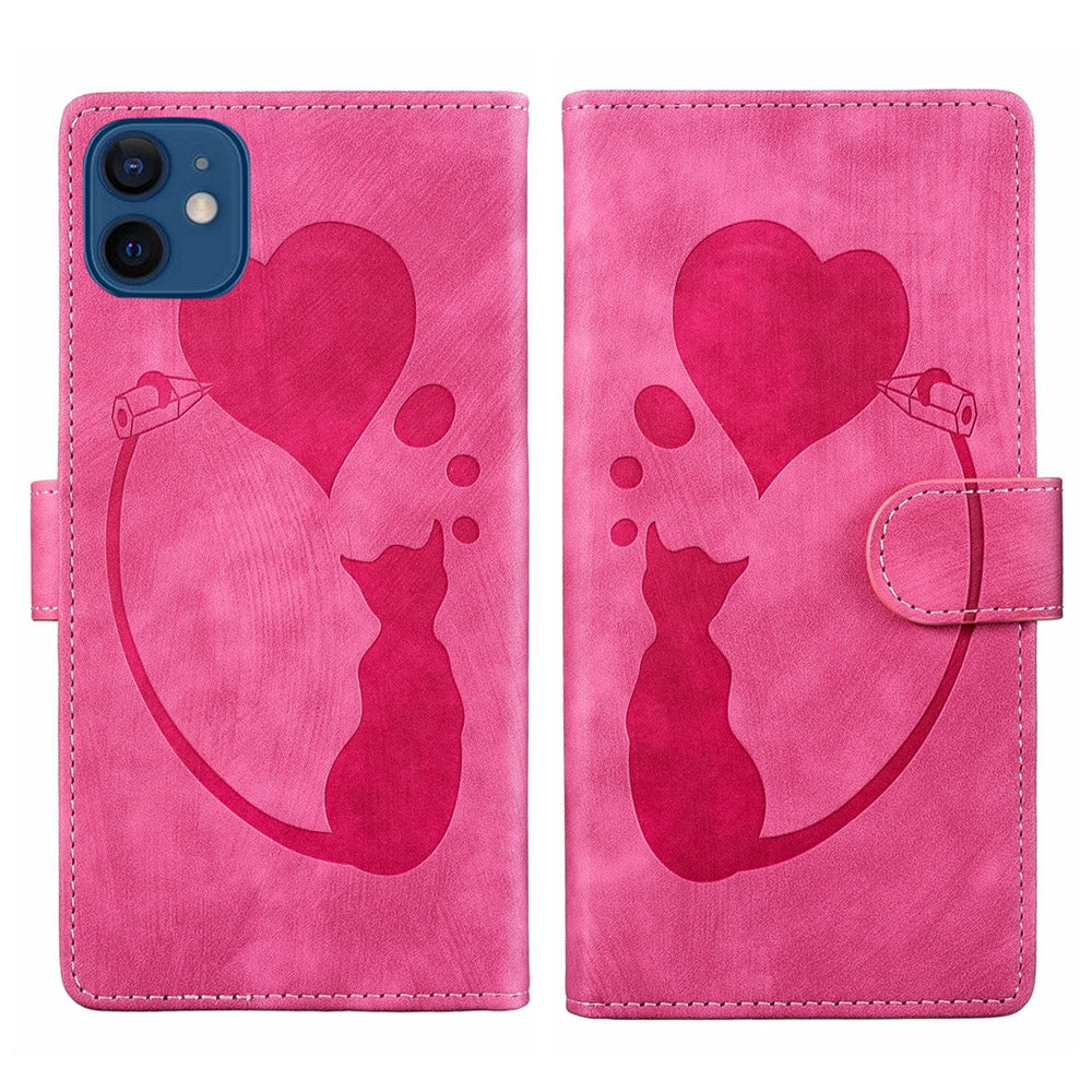 iPhone 12 Heart & Cat Embossed Multi-Functional Pen Leather Wallet Phone Case with Stand and Card Slots