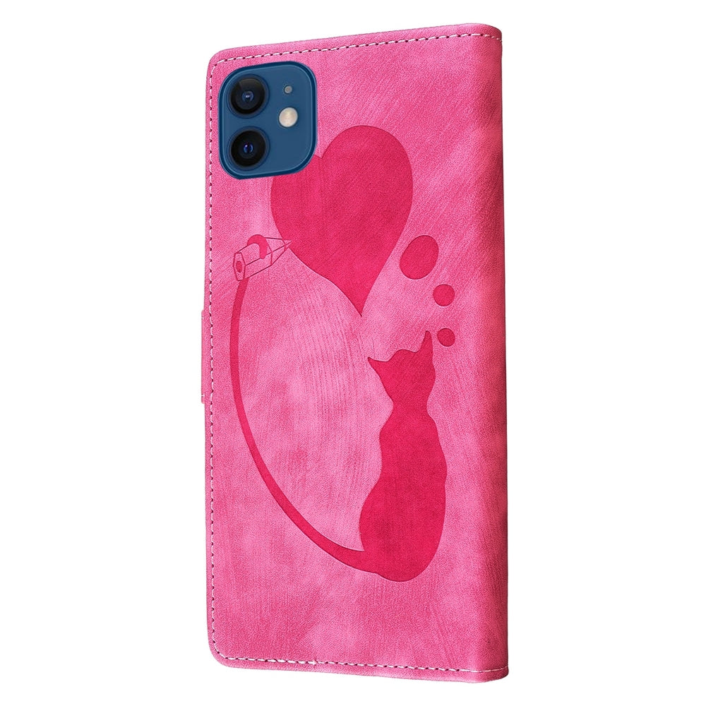 iPhone 12 Heart & Cat Embossed Multi-Functional Pen Leather Wallet Phone Case with Stand and Card Slots