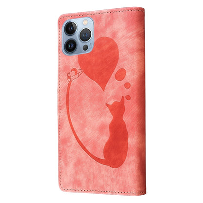 iPhone 12 Pro Max Heart & Cat Embossed Multi-Functional Pen Leather Wallet Phone Case with Stand and Card Slots