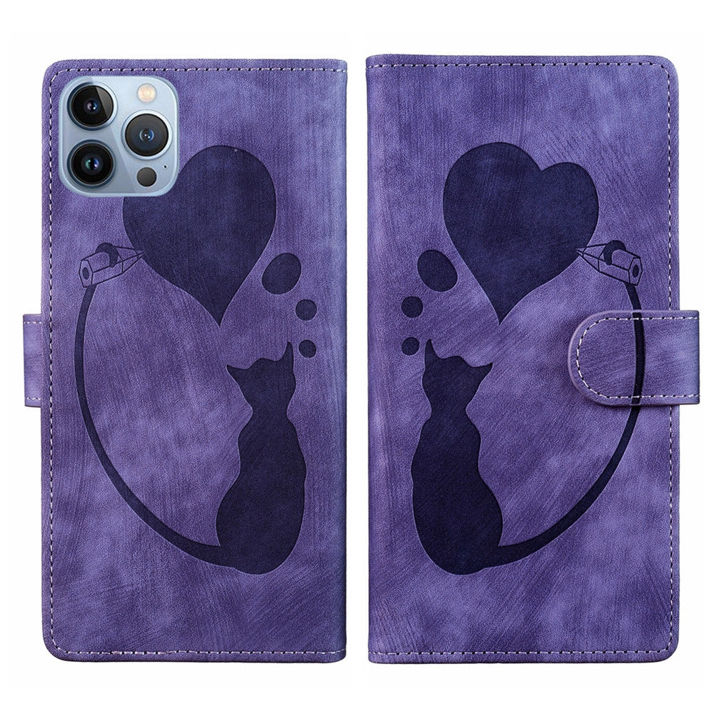 iPhone 12 Pro Heart & Cat Embossed Multi-Functional Pen Leather Wallet Phone Case with Stand and Card Slots