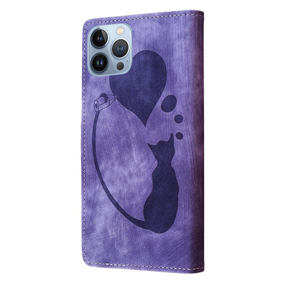 iPhone 12 Pro Heart & Cat Embossed Multi-Functional Pen Leather Wallet Phone Case with Stand and Card Slots