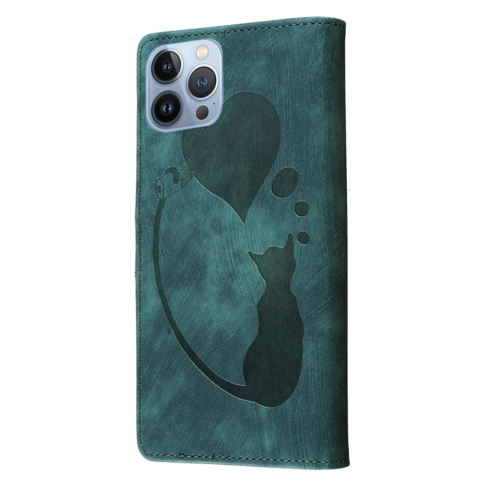 iPhone 12 Pro Heart & Cat Embossed Multi-Functional Pen Leather Wallet Phone Case with Stand and Card Slots