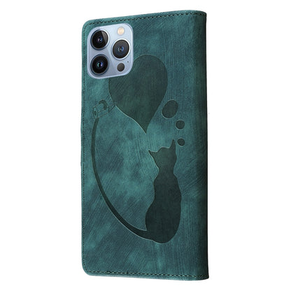 iPhone 12 Pro Heart & Cat Embossed Multi-Functional Pen Leather Wallet Phone Case with Stand and Card Slots