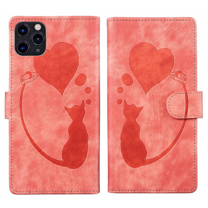 iPhone 11 Pro Max Heart & Cat Embossed Multi-Functional Pen Leather Wallet Phone Case with Stand and Card Slots