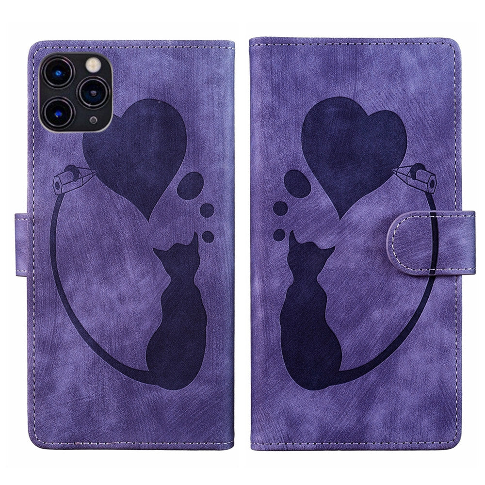 iPhone 11 Pro Max Heart & Cat Embossed Multi-Functional Pen Leather Wallet Phone Case with Stand and Card Slots