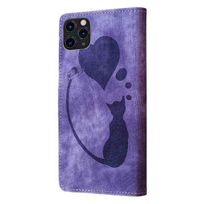 iPhone 11 Pro Max Heart & Cat Embossed Multi-Functional Pen Leather Wallet Phone Case with Stand and Card Slots