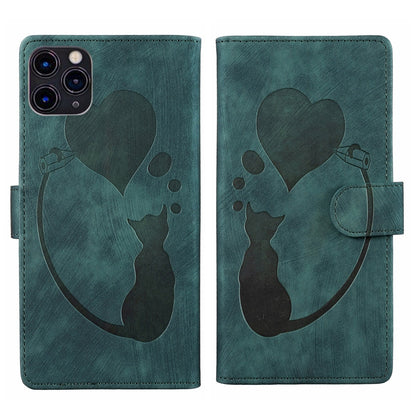 iPhone 11 Pro Max Heart & Cat Embossed Multi-Functional Pen Leather Wallet Phone Case with Stand and Card Slots