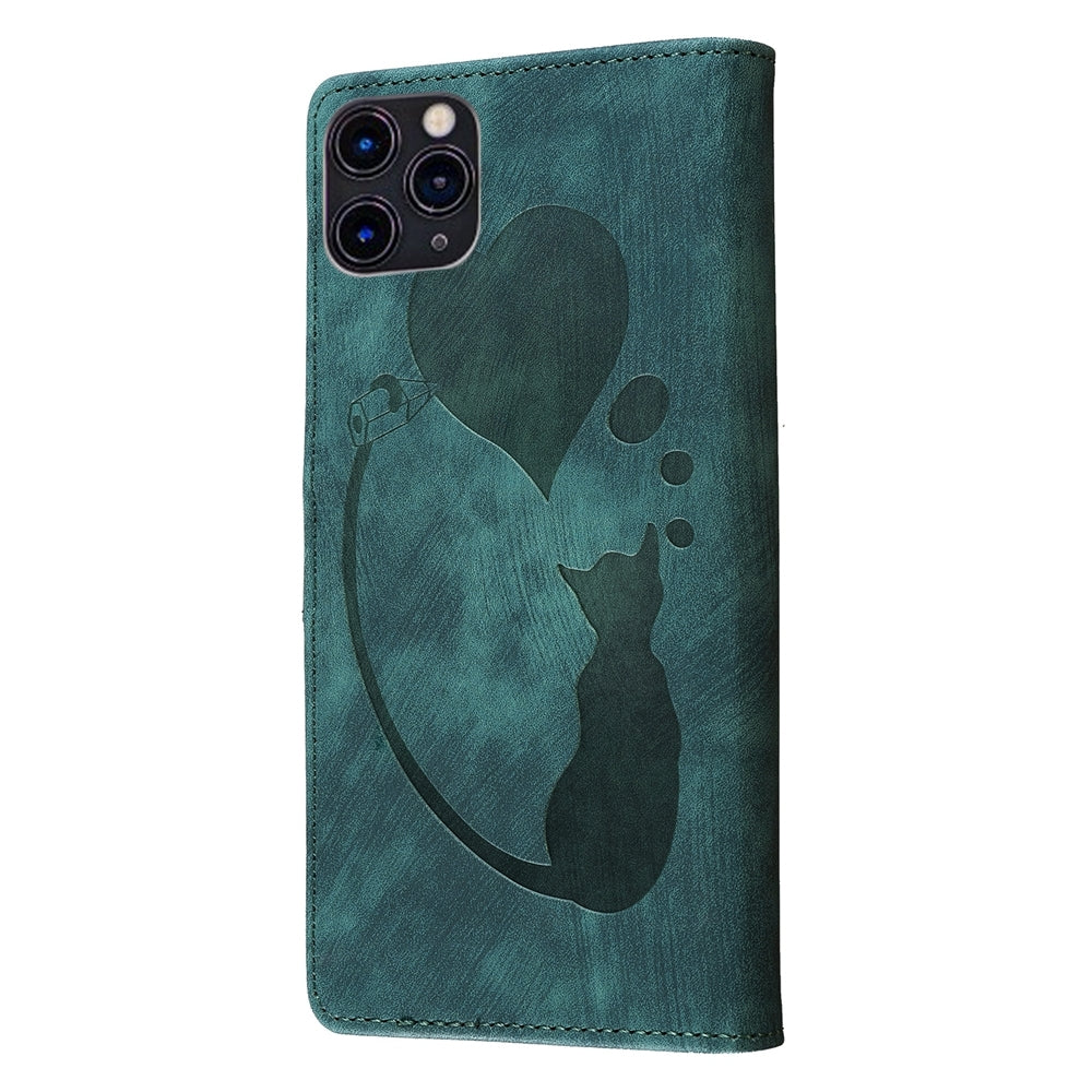 iPhone 11 Pro Max Heart & Cat Embossed Multi-Functional Pen Leather Wallet Phone Case with Stand and Card Slots