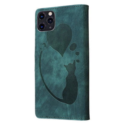 iPhone 11 Pro Max Heart & Cat Embossed Multi-Functional Pen Leather Wallet Phone Case with Stand and Card Slots