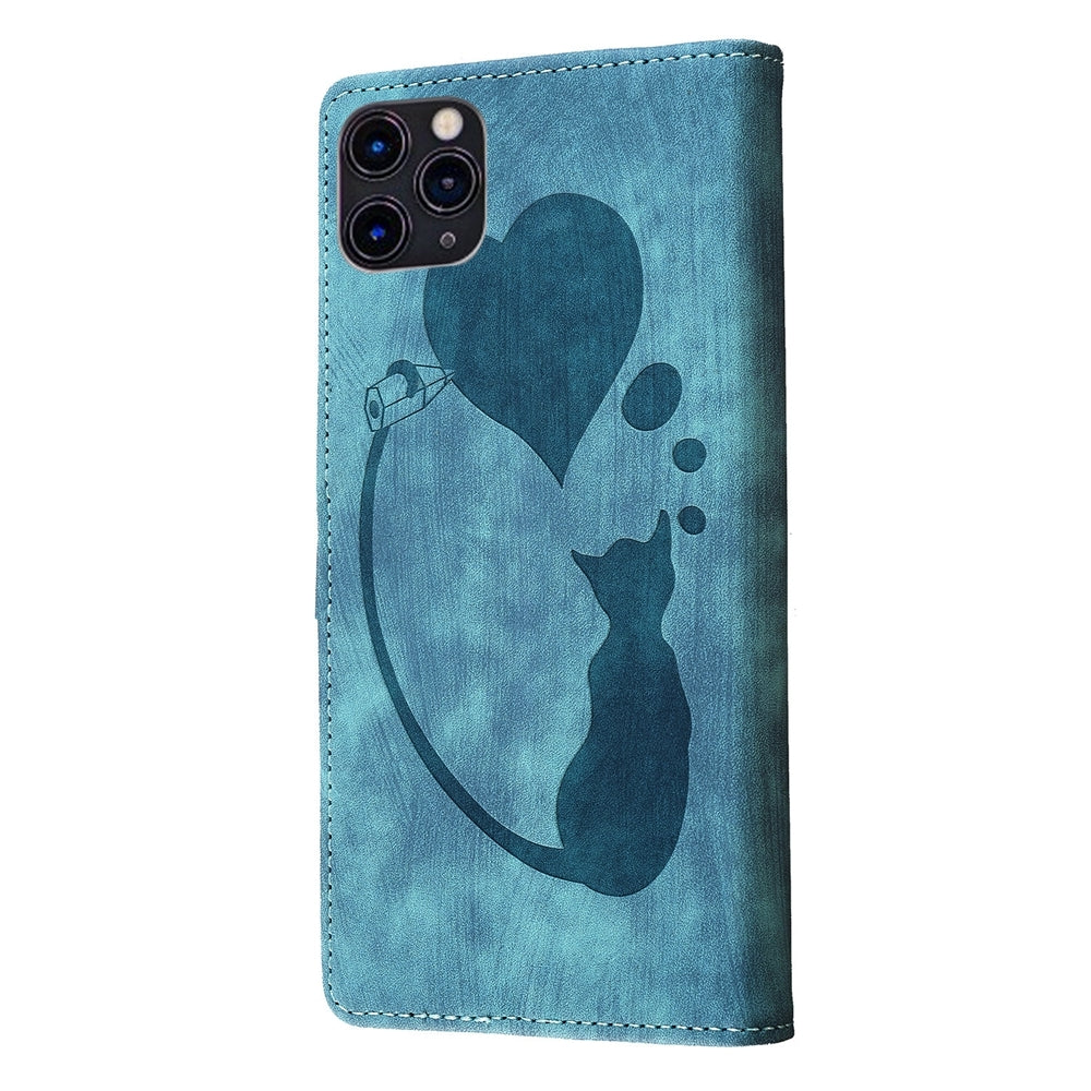 iPhone 11 Pro Max Heart & Cat Embossed Multi-Functional Pen Leather Wallet Phone Case with Stand and Card Slots