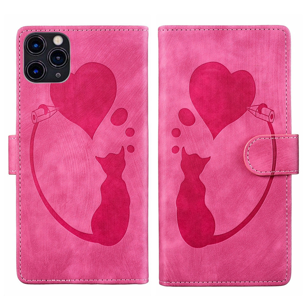 iPhone 11 Pro Max Heart & Cat Embossed Multi-Functional Pen Leather Wallet Phone Case with Stand and Card Slots