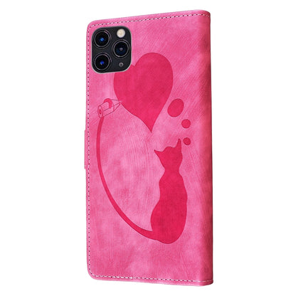 iPhone 11 Pro Max Heart & Cat Embossed Multi-Functional Pen Leather Wallet Phone Case with Stand and Card Slots