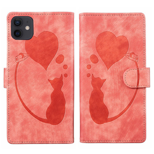 iPhone 11 Heart & Cat Embossed Multi-Functional Pen Leather Wallet Phone Case with Stand and Card Slots