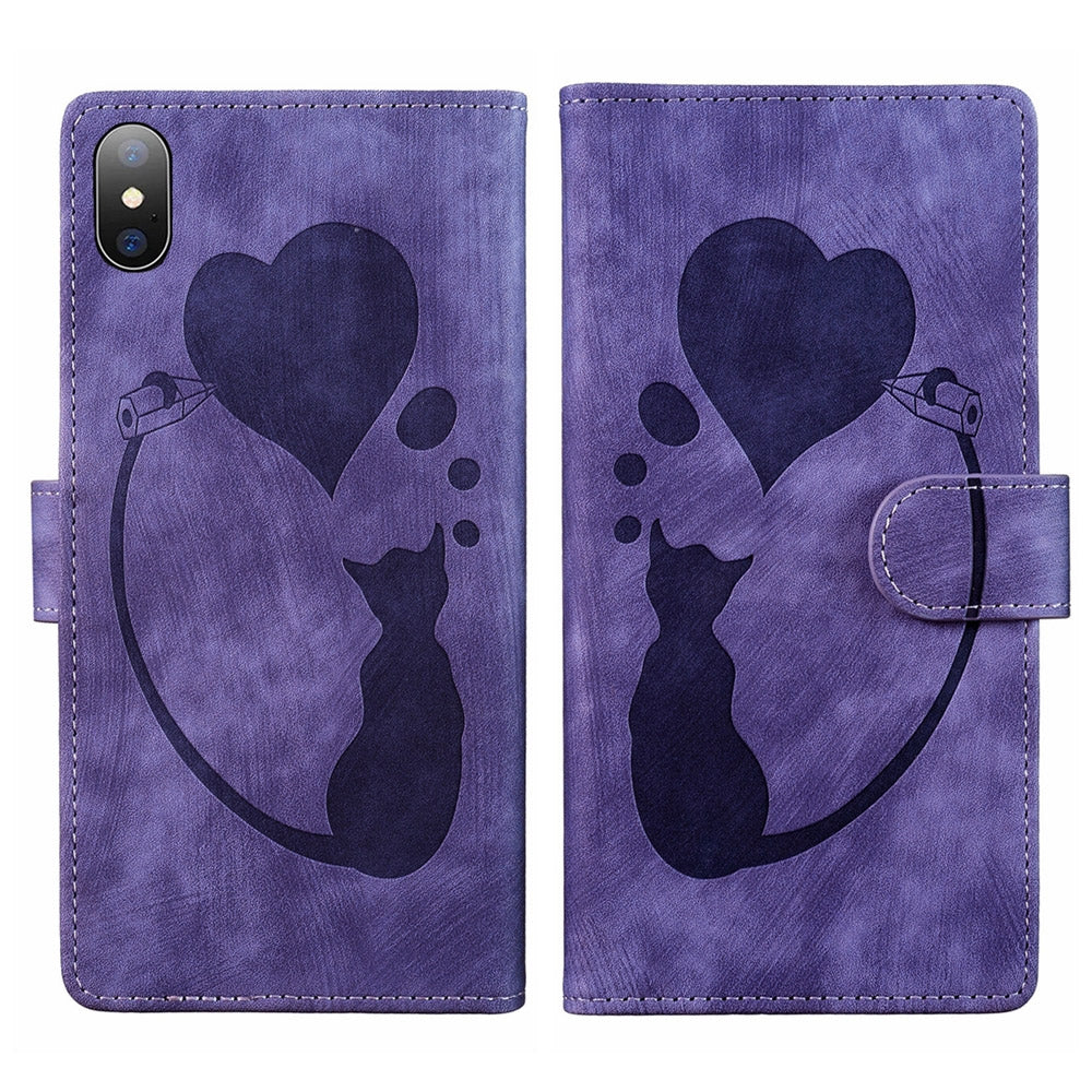 iPhone X Heart & Cat Embossed Multi-Functional Pen Leather Wallet Phone Case with Stand and Card Slots