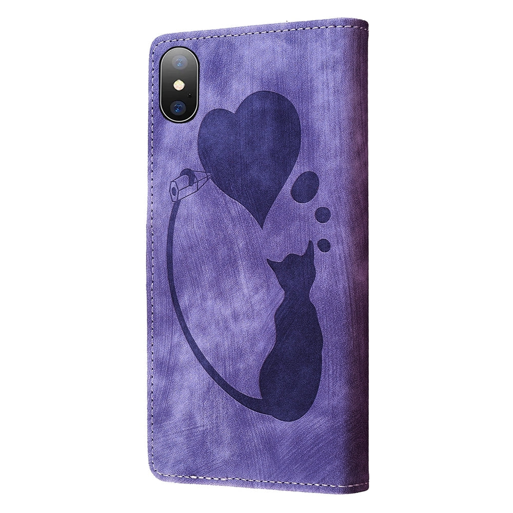 iPhone X Heart & Cat Embossed Multi-Functional Pen Leather Wallet Phone Case with Stand and Card Slots