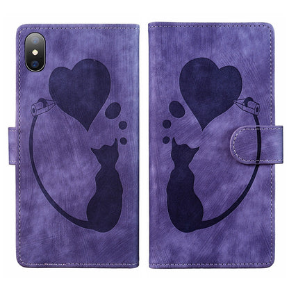 iPhone XS Heart & Cat Embossed Multi-Functional Pen Leather Wallet Phone Case with Stand and Card Slots