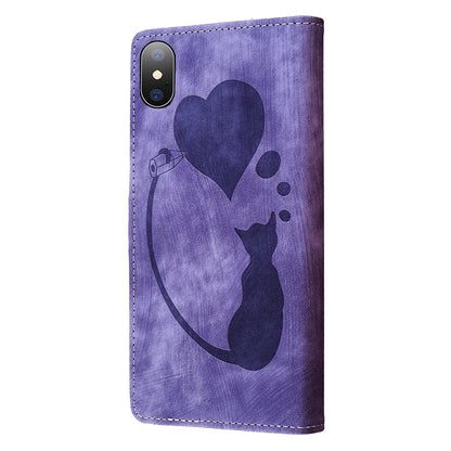 iPhone XS Heart & Cat Embossed Multi-Functional Pen Leather Wallet Phone Case with Stand and Card Slots