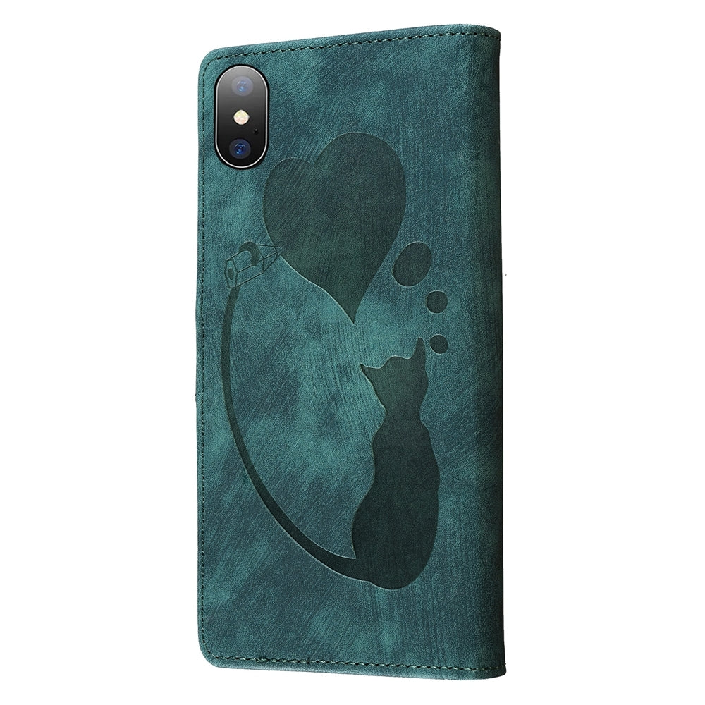 iPhone XS Heart & Cat Embossed Multi-Functional Pen Leather Wallet Phone Case with Stand and Card Slots